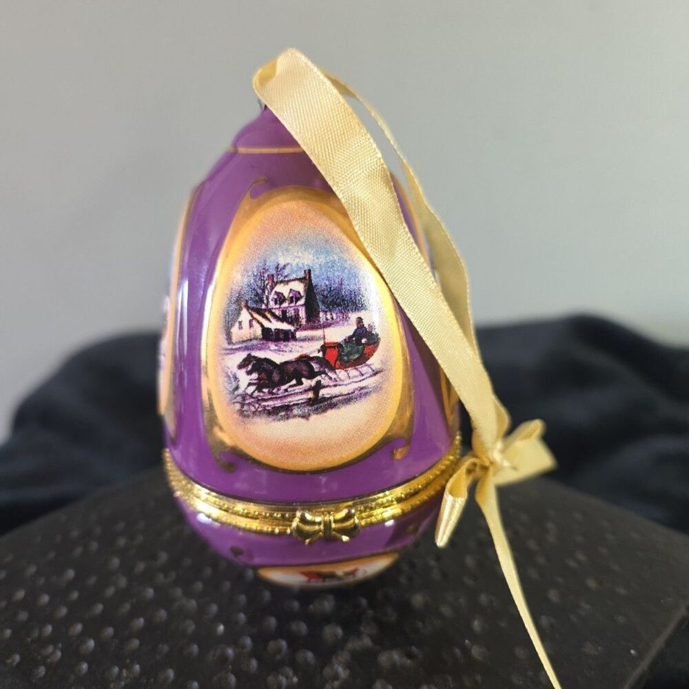 Vintage Mr. Christmas Sleigh Ride Purple Egg Shaped Trinket Music Box Ornament